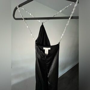 Long black satin dress, pearl detail neckline, H&M